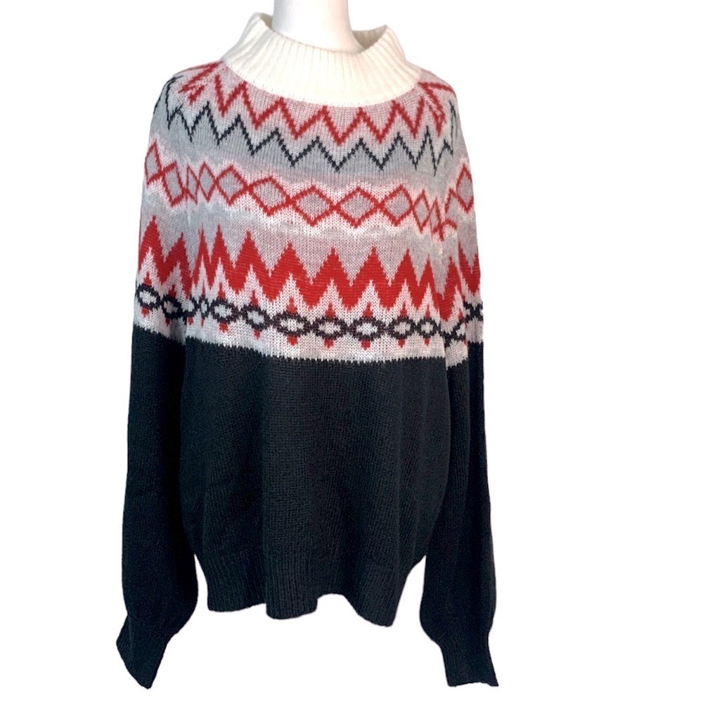 Leo & Nicole Black and Red Mock Turtleneck Fair Isle Sweater- NWT
